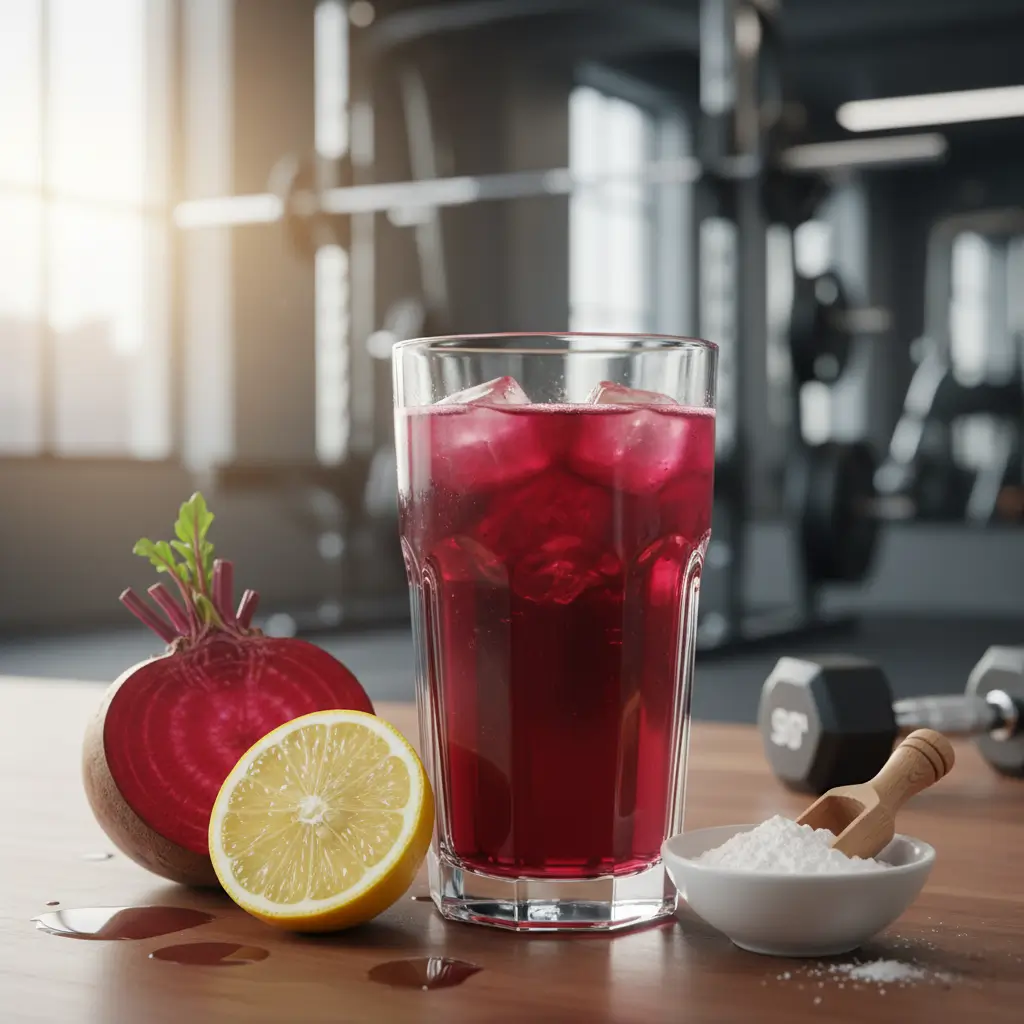 Un verre de pré-workout maison rouge vif, entouré d'ingrédients naturels comme la betterave et le citron, prêt à être bu avant une séance de musculation.