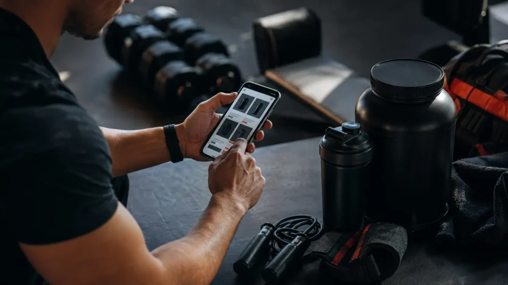 Sportif comparant des équipements et compléments sur son smartphone