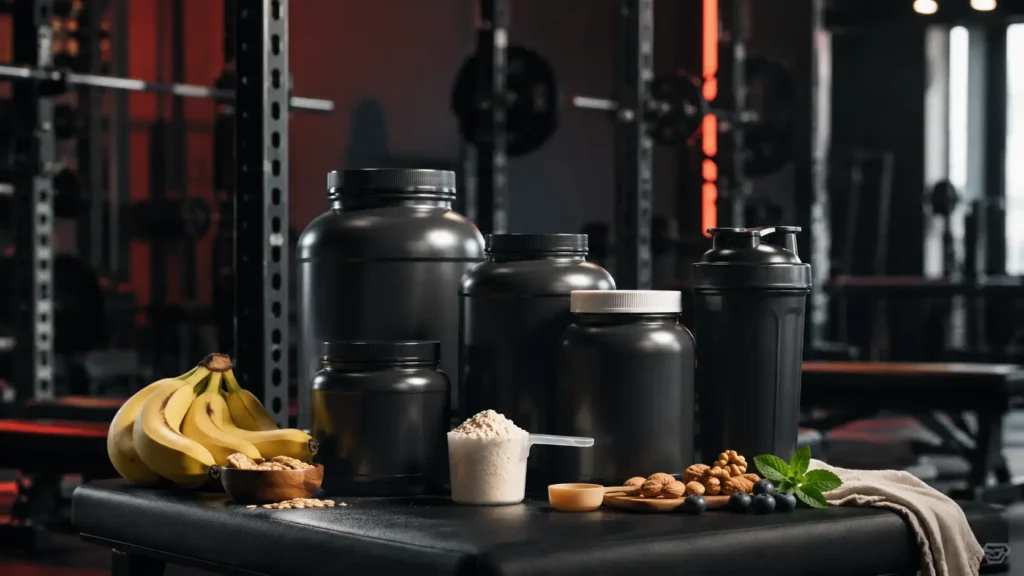 Compléments sportifs génériques et shaker dans une salle de musculation