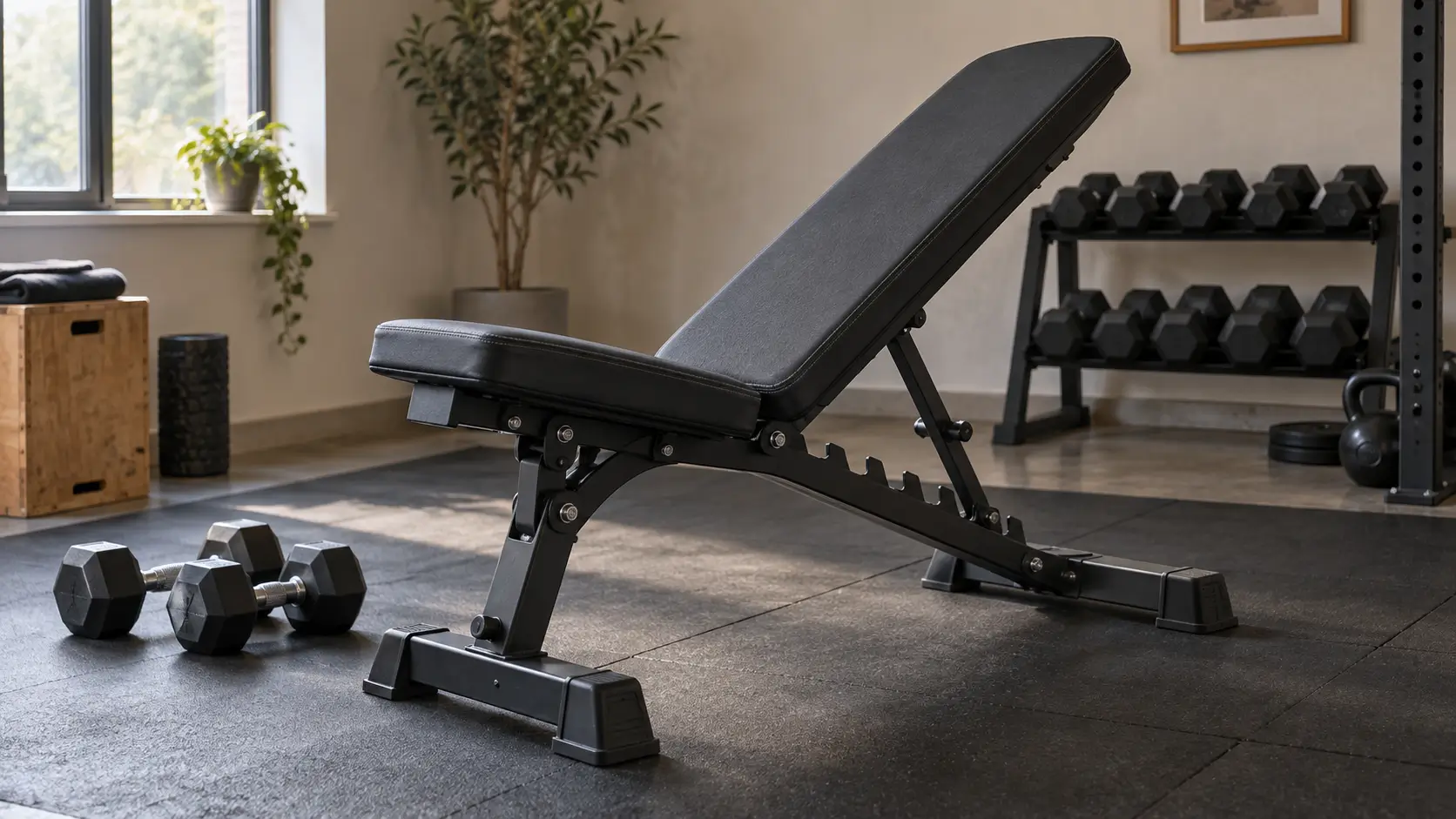Banc de musculation réglable avec dossier incliné et haltères dans une salle de sport à domicile.