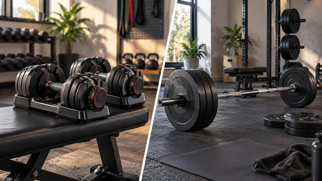 Haltères réglables et barre avec disques pour la musculation à la maison
