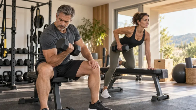 Homme et femme de plus de 40 ans faisant de la musculation avec des haltères à domicile