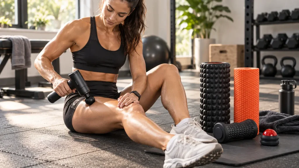 Sportive utilisant un pistolet de massage avec foam rollers après une séance de musculation