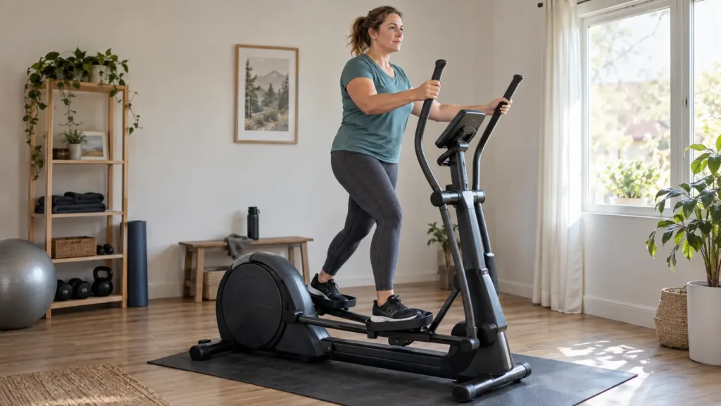 Femme utilisant un vélo elliptique pour maigrir lors d’une séance de cardio à domicile.