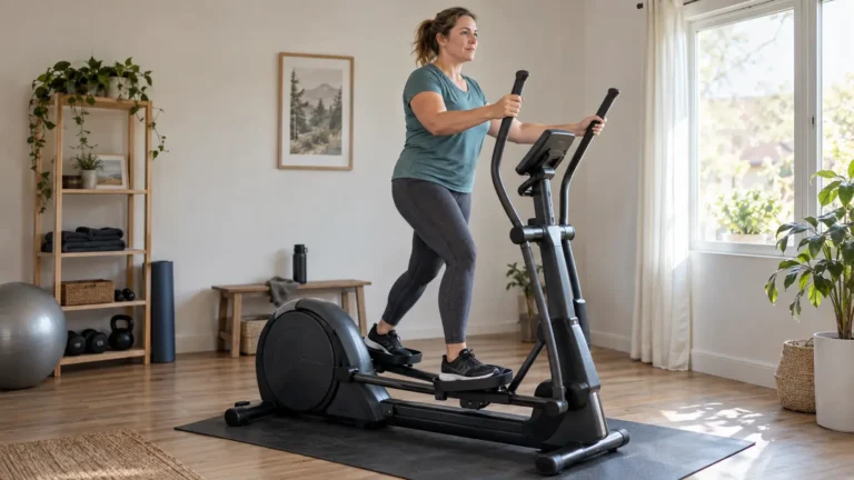 Femme utilisant un vélo elliptique pour maigrir lors d’une séance de cardio à domicile.